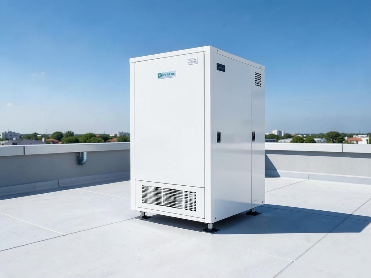 A white Air2Agua style atmospheric water unit installed on a flat rooftop under a clear sky