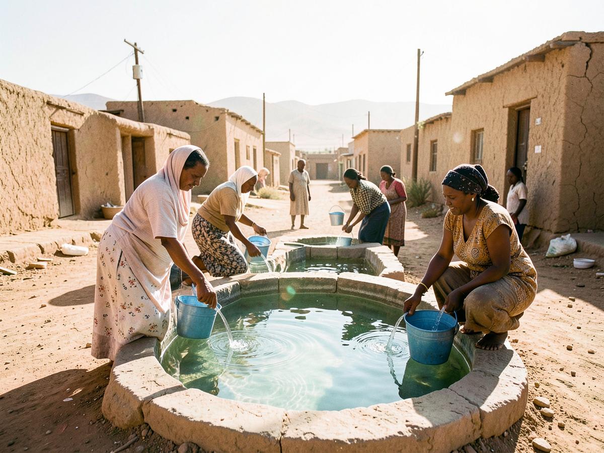 Residents of a sunlit arid village filling metal buckets at a clean communal water point